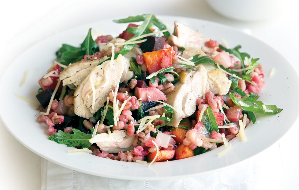 Roasted chicken, beetroot and pumpkin with rocket barley risotto