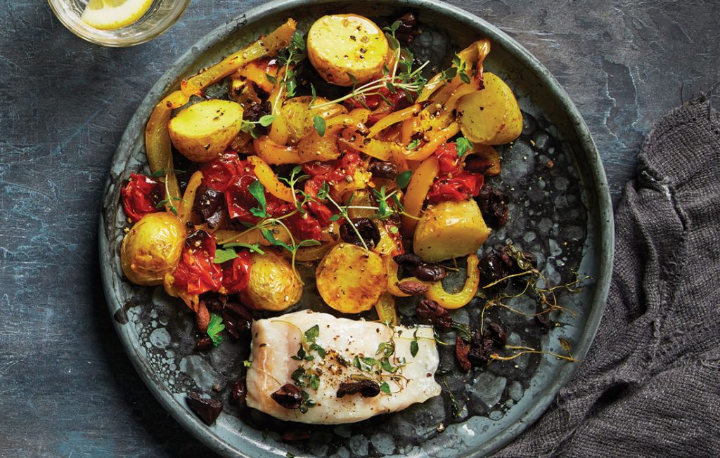 Roasted fish with warm capsicum and olive salad