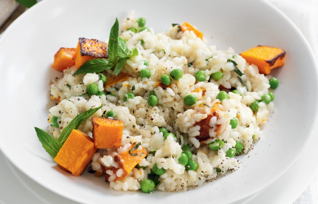 Roasted pumpkin and pea risotto