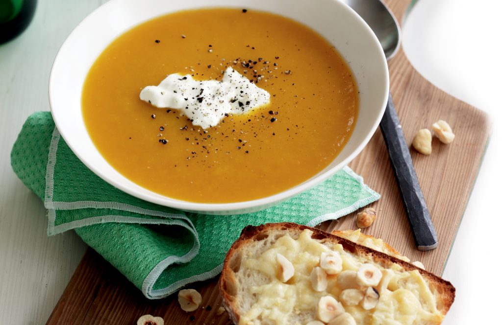 Roasted pumpkin soup with hazelnut and parmesan toasts