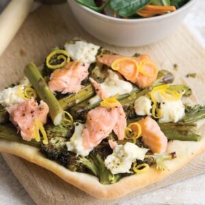 Salmon and asparagus upside-down pizza