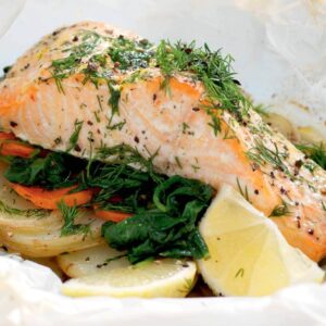 Salmon, spinach and potato parcel