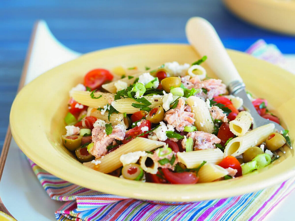 Salmon, feta and green olive penne