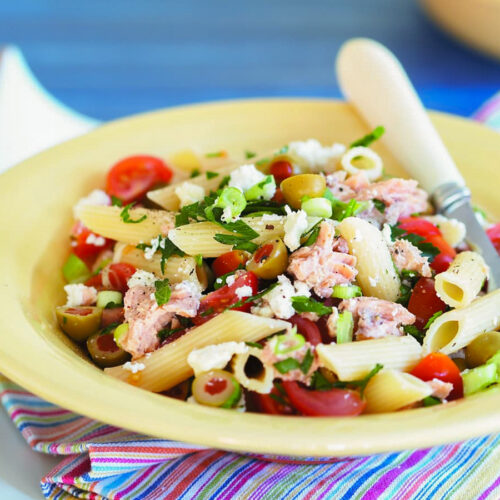 Salmon, feta and green olive penne