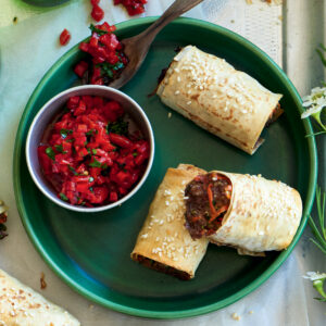 Sausage rolls with roasted capsicum relish