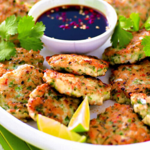 Seafood and coriander patties with chilli dipping sauce