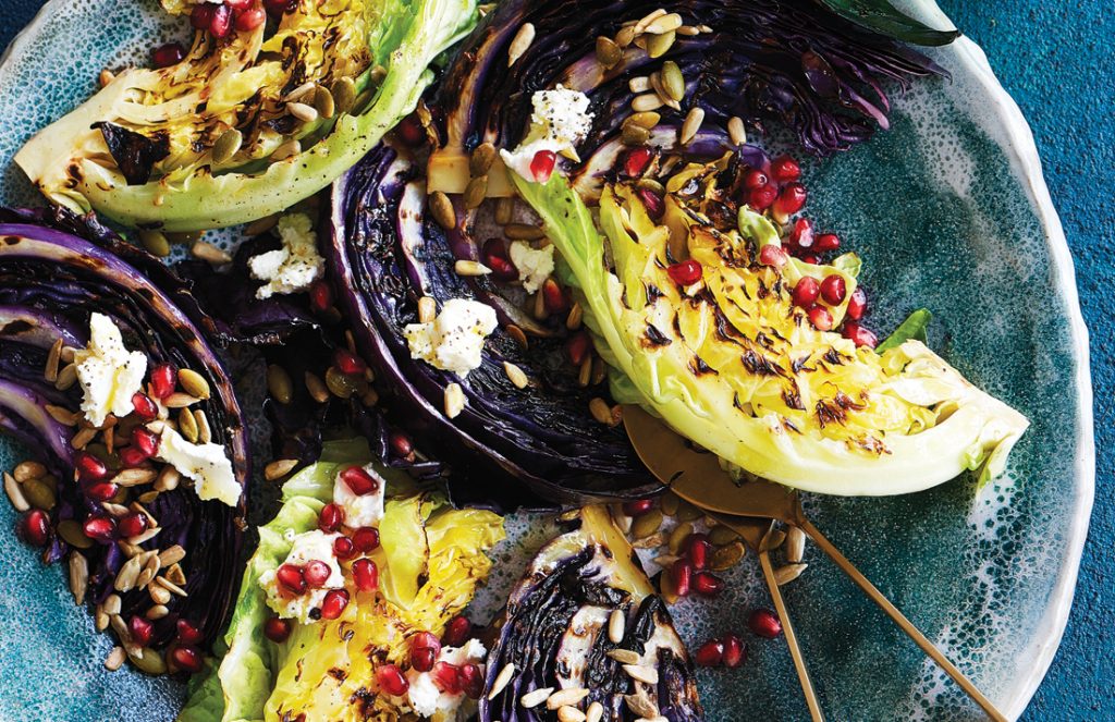 Seared cabbage with feta, nuts and seeds