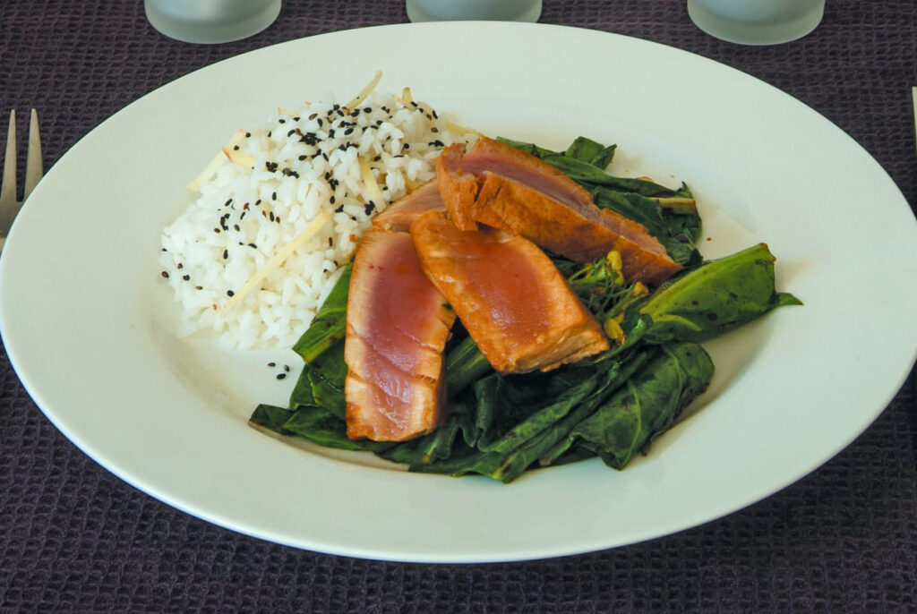 Soy-seared tuna with ginger rice and Asian greens
