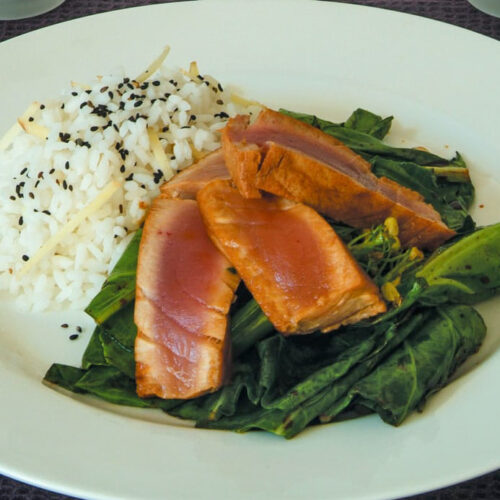 Soy-seared tuna with ginger rice and Asian greens