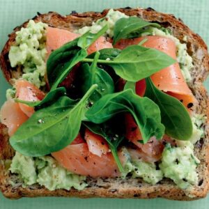 Spicy avocado, salmon and baby spinach on toast