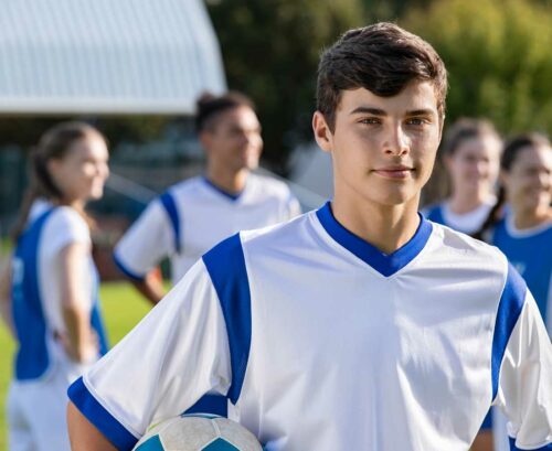 Teen boy holding football with rest of team in the background
