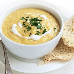 Sweet corn soup with parmesan toasts