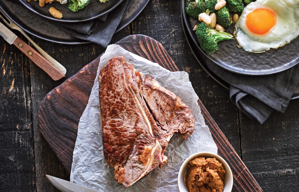 T-bone steak with miso horseradish glaze and white bean salad