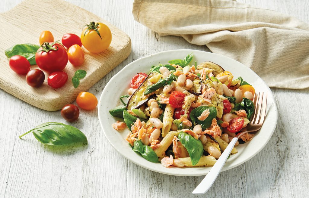 Warm salmon and cannellini bean penne salad