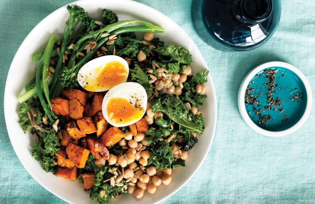 Wilted garlic, kale, chickpea, broccolini and soft-boiled egg bowl