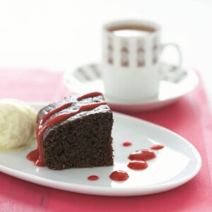 Almond brownies with sorbet and raspberry sauce