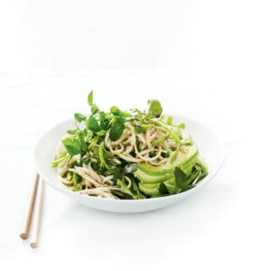 Avocado and chicken noodle salad with sesame dressing