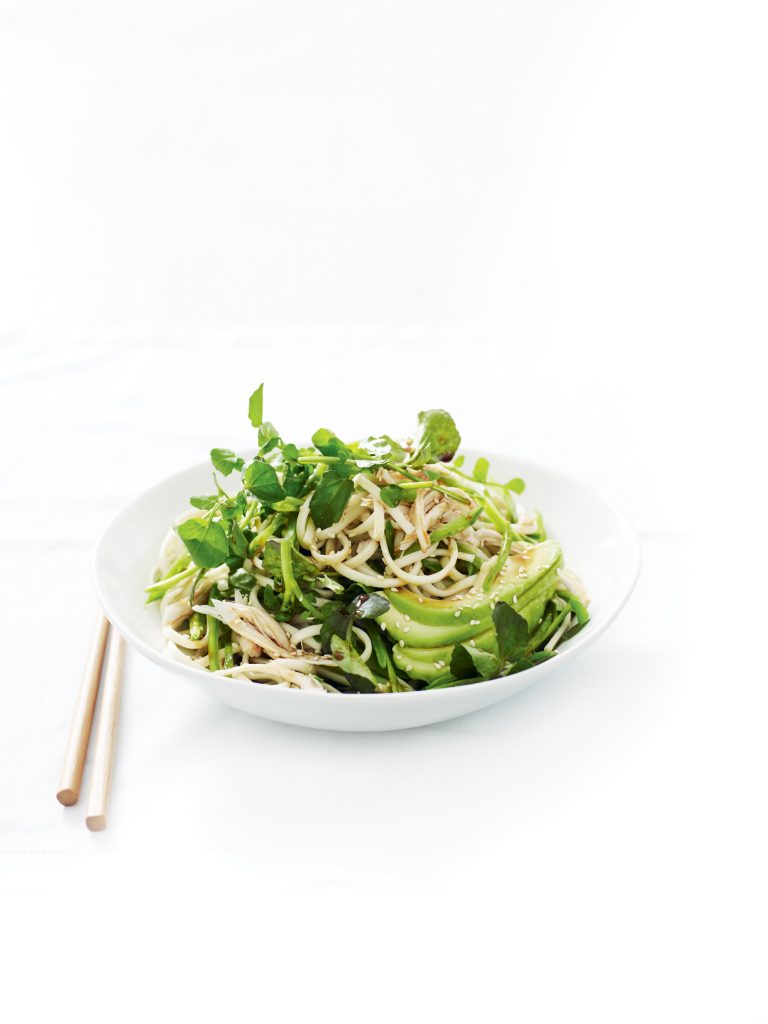 Avocado and chicken noodle salad with sesame dressing