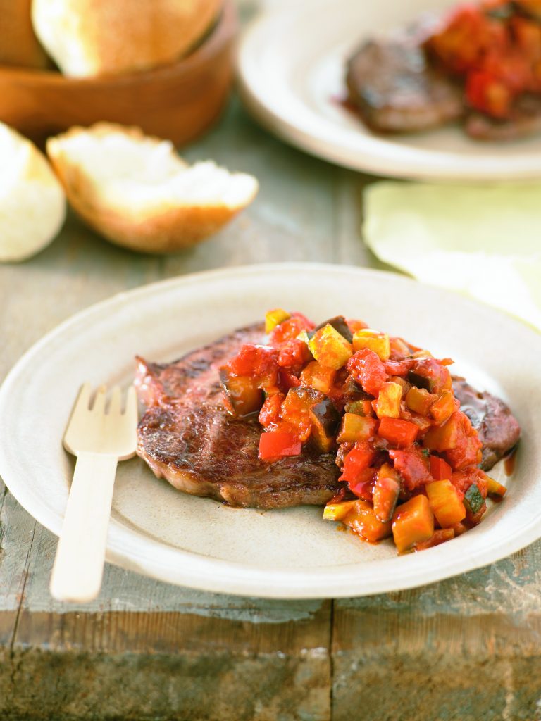 BBQ steaks with caponata
