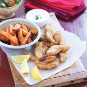 Baked fish and chips with lemon yoghurt