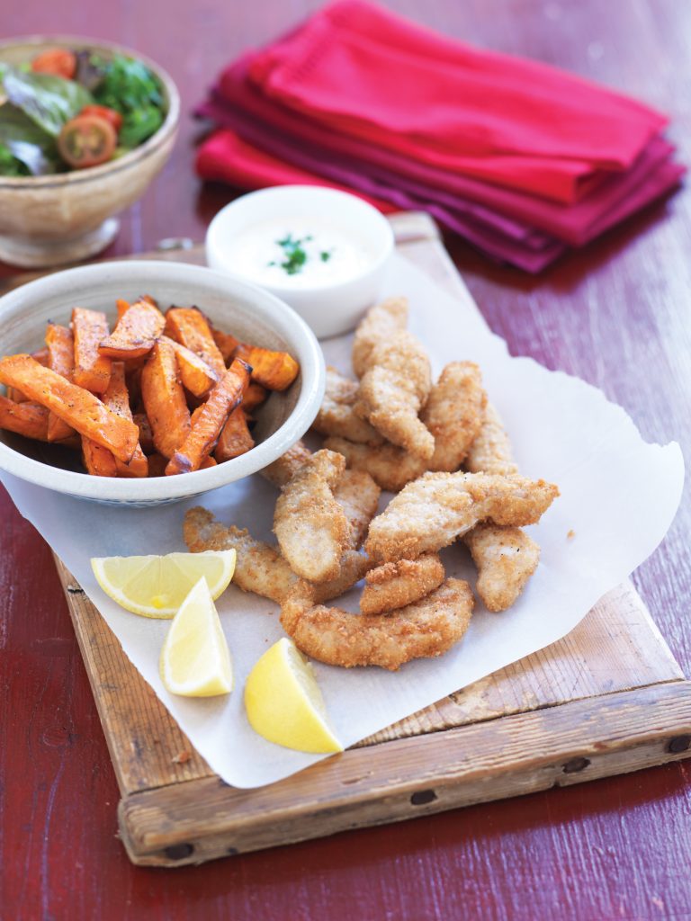 Baked fish and chips with lemon yoghurt