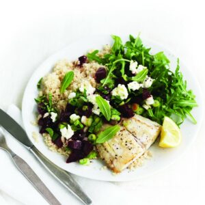 Baked fish with beetroot and mint salsa