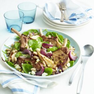 Balsamic pork with roasted pear, spinach and feta salad