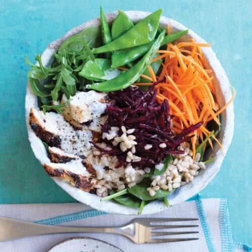Barley, beetroot and chicken salad with tahini dressing