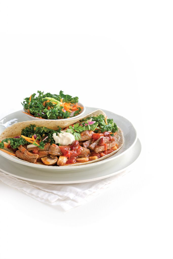 Beef and bean fajitas with carrot and kale slaw
