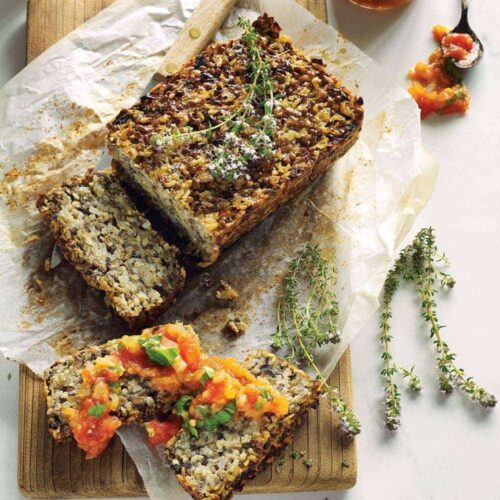 Brown rice, lentil and mushroom loaf with fresh tomato sauce