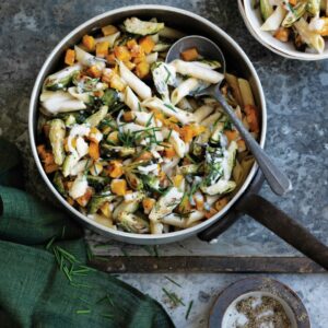 Brussels sprouts, pumpkin and blue cheese pasta