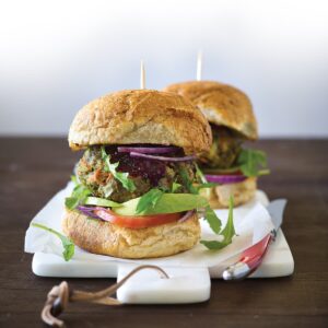 Burgers with beetroot relish, rocket and avocado