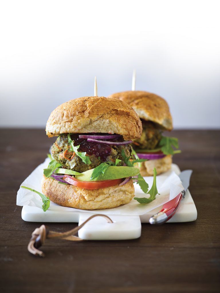 Burgers with beetroot relish, rocket and avocado