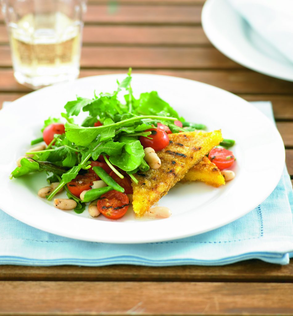 Chargrilled polenta with bean, tomato and rocket salad