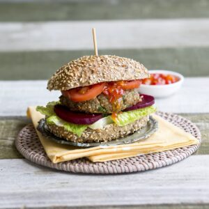 Cheese and barley beef burgers with crusty rolls