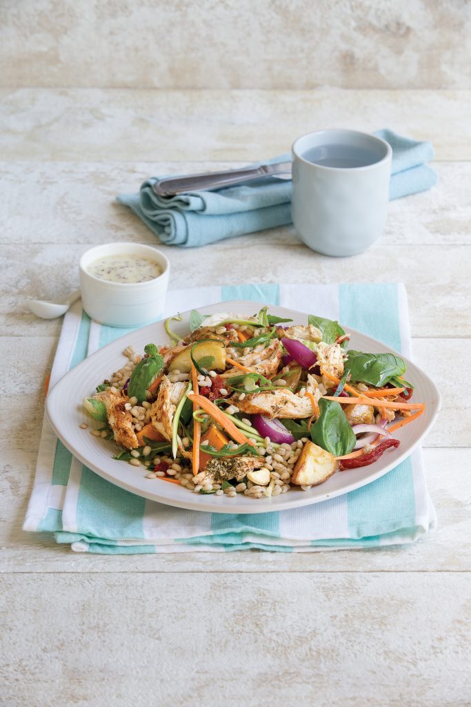 Chicken and barley salad with potatoes