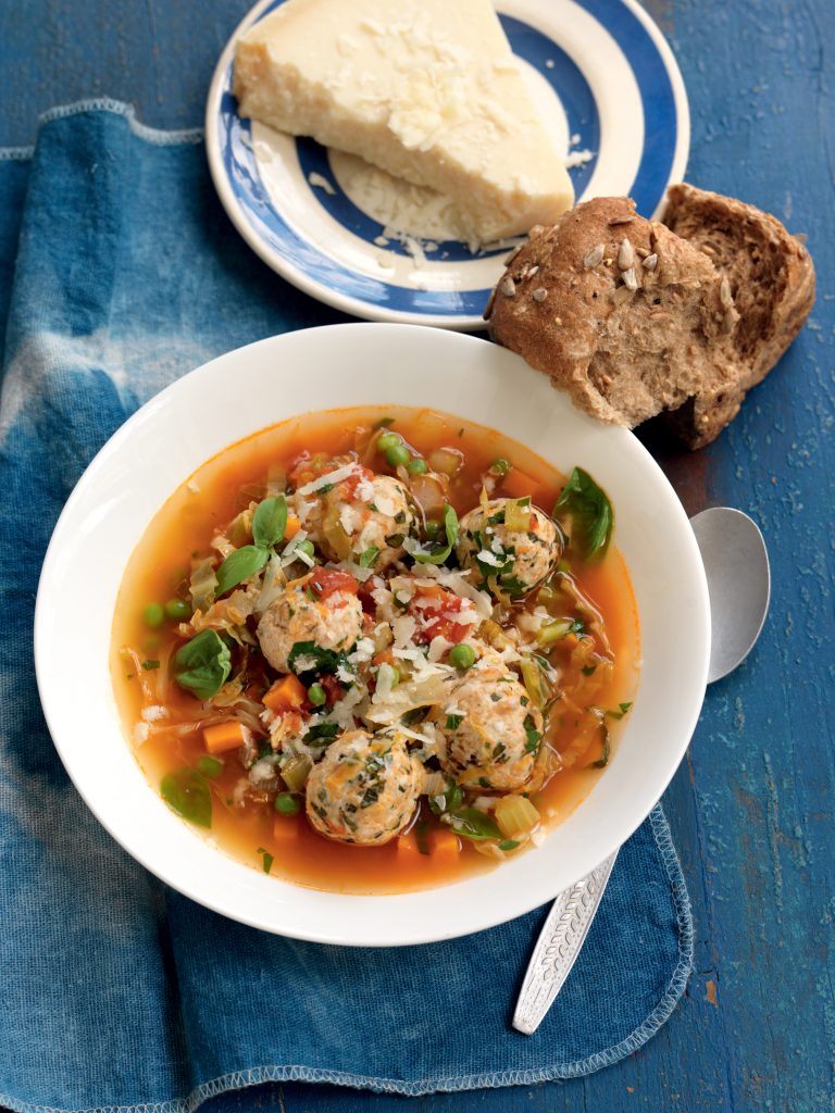 Chicken and basil meatball soup