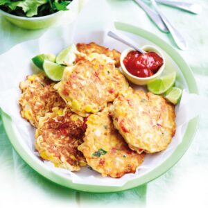 Chicken, corn and red capsicum fritters