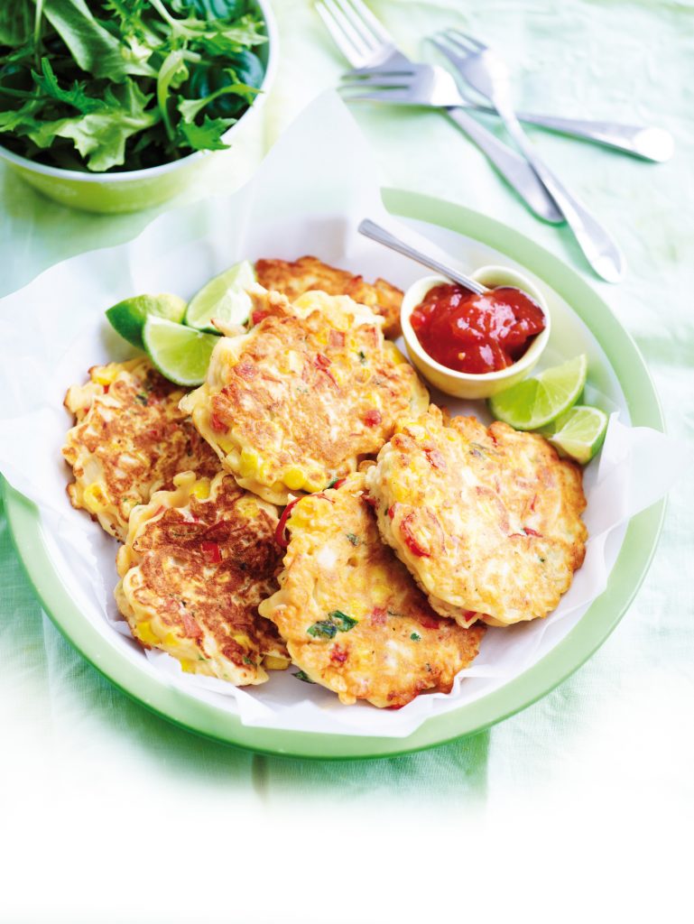 Chicken, corn and red capsicum fritters