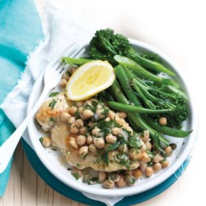 Chicken piccata with chickpeas and steamed greens