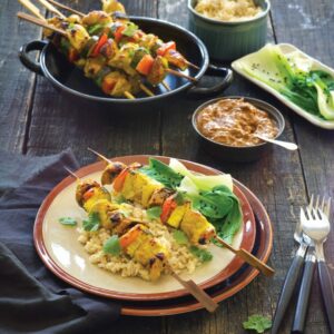 Chicken satay skewers with peanut dipping sauce