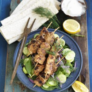 Chicken shawarma with cucumber and dill salad