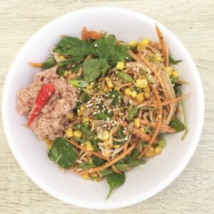 Chilli tuna noodles with miso peanut dressing