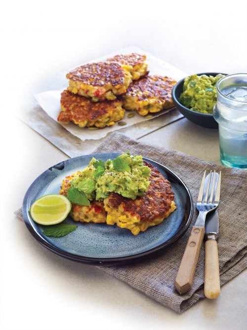 Corn and capsicum fritters with avocado smash