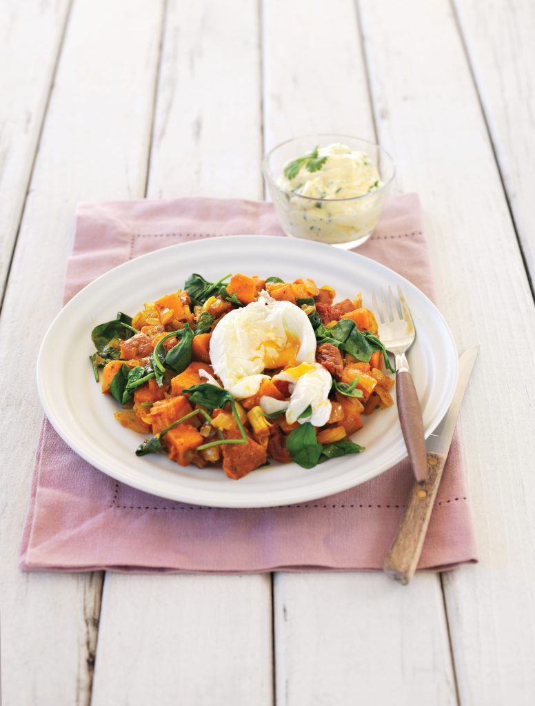 Crushed kumara, sun-dried tomatoes and spinach with poached egg
