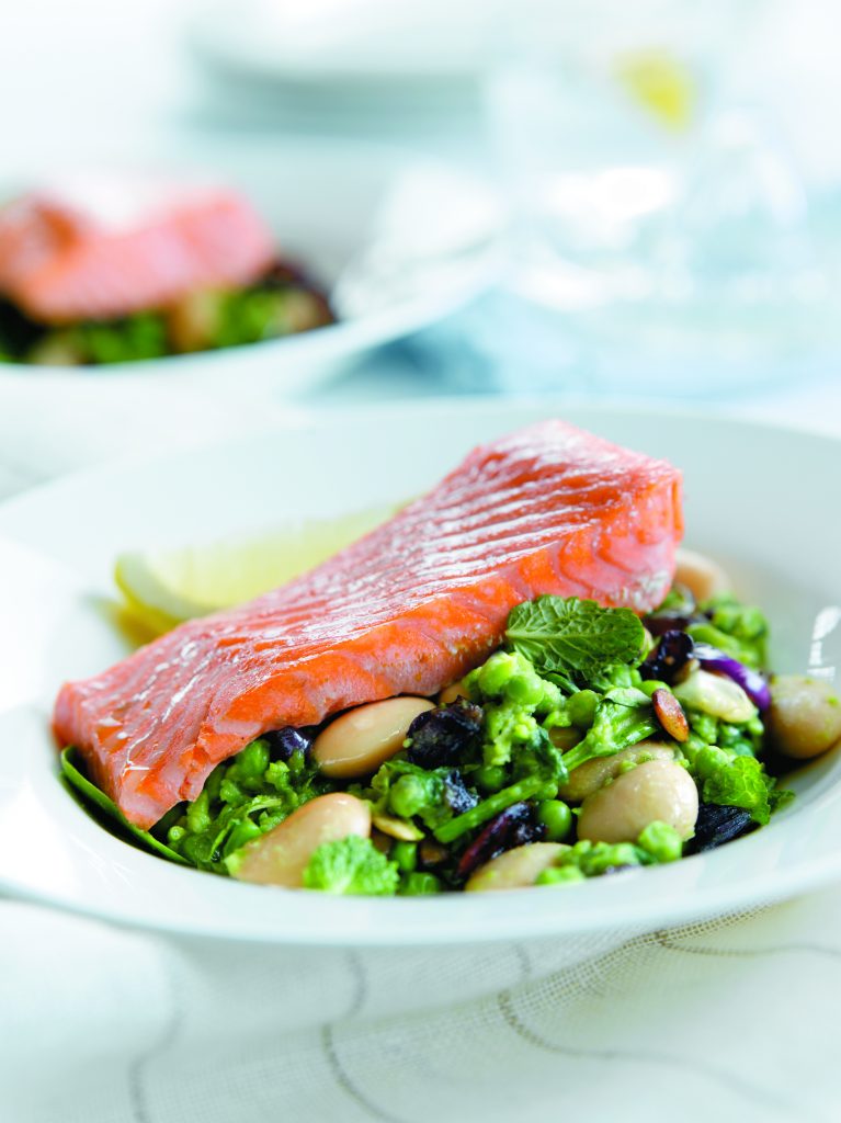 Crushed butter beans and peas with salmon