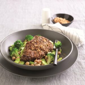 Dukkah-crusted steak with lemony broccoli and broad beans