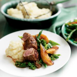 Fennel-crusted pork and roast pears with parsnip and pear mash