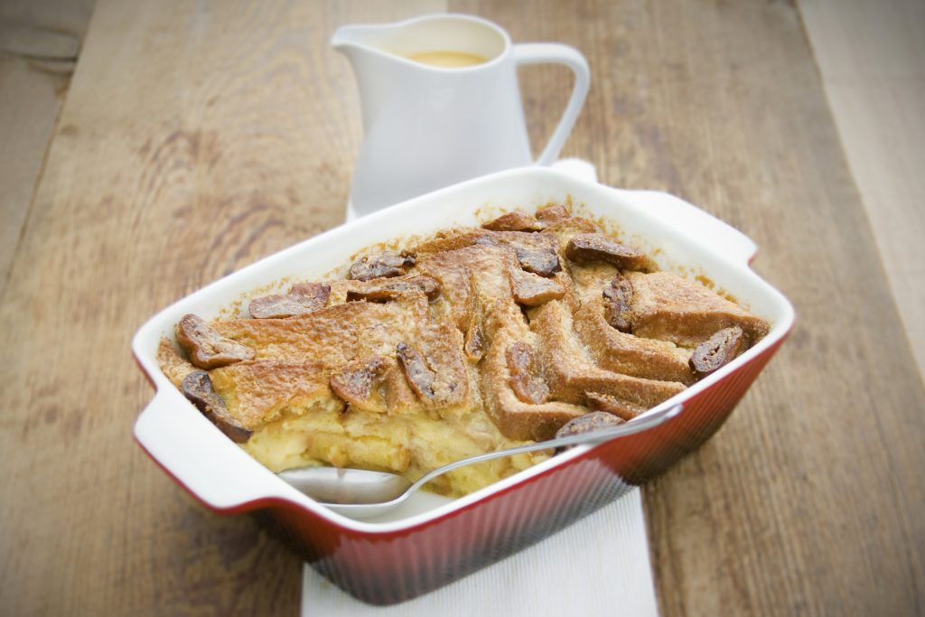 Banana, fruit bread and butter pudding