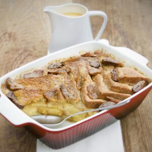 Banana, fruit bread and butter pudding
